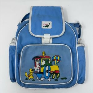 Vintage Dinos Backpack Zip Up School Bag Train Elephant Rabbit Raccoon Blue
